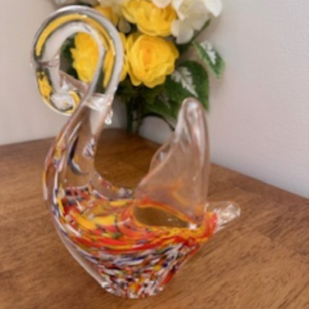 Vintage Murano‎ Hand-Blown Glass Swan Figurine – Vibrant Multicolour Design